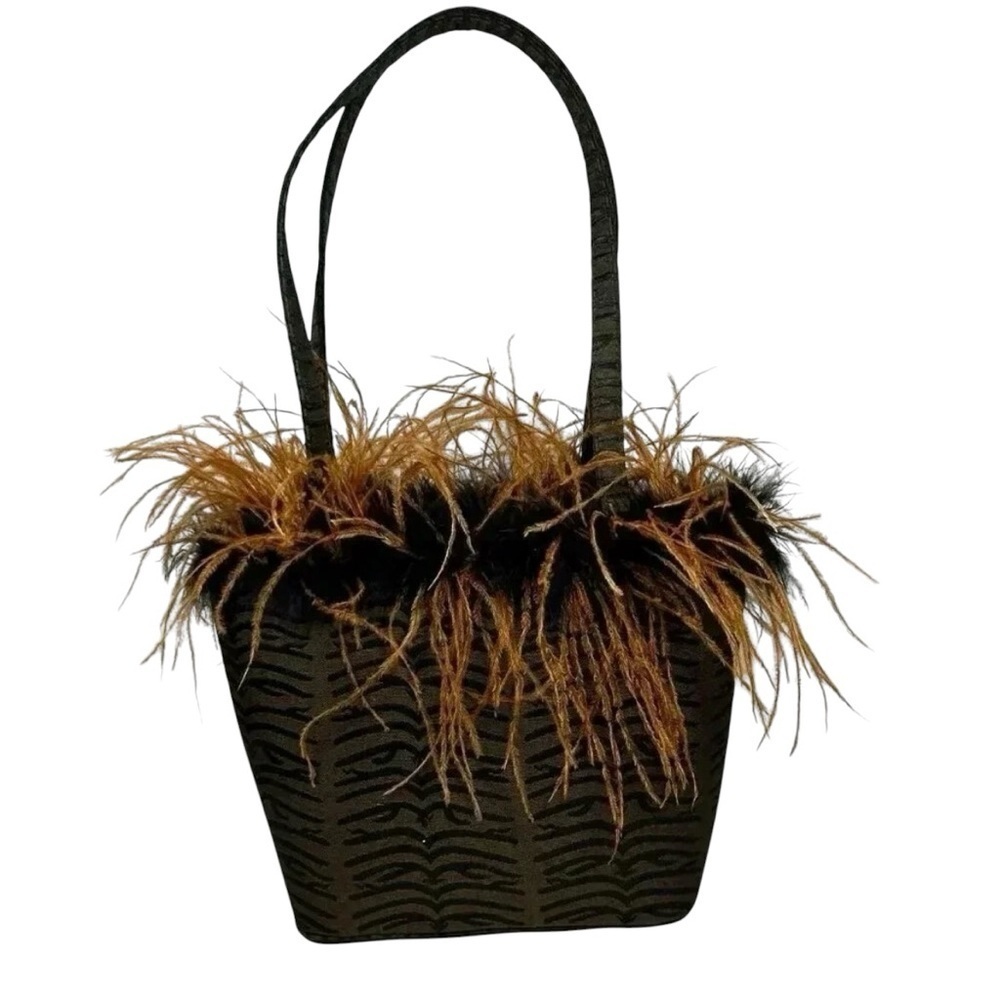 Feathery Handbag Attention Getter Brown Black Evening Bag Shoulder - Picture 3 of 10